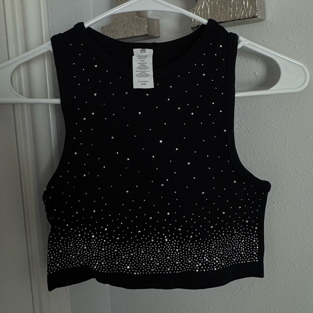 Women's Black Rhinestone Crop Tank Top